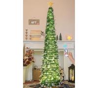 HMASYO 6FT/1.8M Pop Up Tinsel Christmas Tree with 100 Timer Lights & Remote, Collapsible Artificial Pencil Tree Xmas Decoration for Home, Office, Party, USB Powered, Easy Assembly