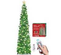 HMASYO 6FT/1.8M Pop Up Tinsel Christmas Tree with 100 Timer Lights & Remote, Collapsible Artificial Pencil Tree Xmas Decoration for Home, Office, Party, USB Powered, Easy Assembly