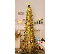 HMASYO 6FT/1.8M Pop Up Tinsel Christmas Tree with 100 Timer Lights & Remote, Collapsible Artificial Pencil Tree Xmas Decoration for Home, Office, Party, USB Powered, Easy Assembly