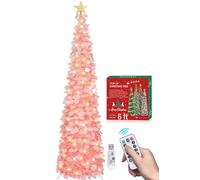 HMASYO 6FT/1.8M Pop Up Tinsel Christmas Tree with 100 Timer Lights & Remote, Collapsible Artificial Pencil Tree Xmas Decoration for Home, Office, Party, USB Powered, Easy Assembly