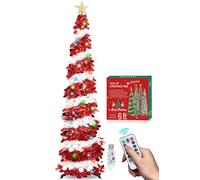 HMASYO 6FT/1.8M Pop Up Tinsel Christmas Tree with 100 Timer Lights & Remote, Collapsible Artificial Pencil Tree Xmas Decoration for Home, Office, Party, USB Powered, Easy Assembly