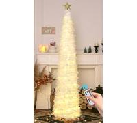 HMASYO 6FT/1.8M Pop Up Tinsel Christmas Tree with 100 Timer Lights & Remote, Collapsible Artificial Pencil Tree Xmas Decoration for Home, Office, Party, USB Powered, Easy Assembly