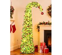 HMASYO 6FT/1.8M Whimsical Pop Up Christmas Tree with 100 LED Timer Lights & Remote, Lime Green Christmas Tinsel Tree Collapsible Artificial Curved Pencil Tree for Home Office Holiday Decor