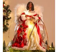 HMASYO Black Christmas Tree Topper Angel with Timer Lights, 32 cm African American Angel Tree Toppers with White Feather Wings, Star Light, Remote Control and USB Power Xmas Treetop Decor for Holiday