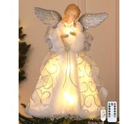 HMASYO Christmas Tree Topper Angel with Timer Lights, 32 cm Angel Tree Toppers with Silver Wings, Star Light, Remote Control and USB Power Xmas Treetop Decoration for Indoor Office Holiday Party