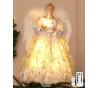 HMASYO Christmas Tree Topper Angel with Timer Lights, 32 cm Angel Tree Toppers with White Feather Wings, Star Light, Remote Control and USB Power Xmas Treetop Decor for Indoor Office Holiday Party