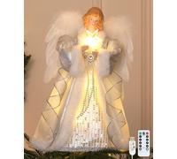 HMASYO Christmas Tree Topper Angel with Timer Lights, 32 cm Angel Tree Toppers with White Feather Wings, Star Light, Remote Control and USB Power Xmas Treetop Decor for Indoor Office Holiday Party