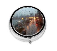 HMBGFW City in the Rain Travel Round Pill Organizer, Compact Daily Medicine Organizer, Portable Metal Pill Box with 3 Compartments