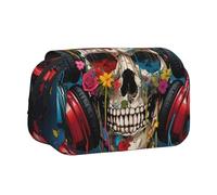 HMBGFW Flower Skulls Listening to Music Cute Big Capacity Pencil Pen Case Office Large Storage High Capacity Bag Box Organizer