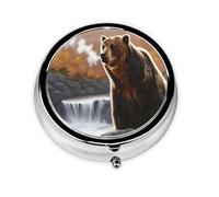 HMBGFW The Bear by the River Travel Round Pill Organizer, Compact Daily Medicine Organizer, Portable Metal Pill Box with 3 Compartments