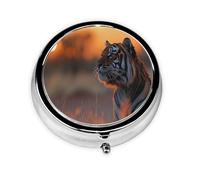 HMBGFW The tiger under the sunset Travel Round Pill Organizer, Compact Daily Medicine Organizer, Portable Metal Pill Box with 3 Compartments