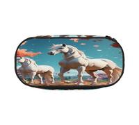 HMBGFW White stallion under the peach blossom tree Cute Pencil Case-Pink and Black Pencil Bag, Full Print Design, 300D Oxford Cloth