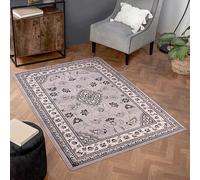 Grey Traditional Bordered Floral Rug Easy To Clean Dining Room-120Cm X 170Cm