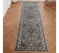 Grey Traditional Bordered Floral Rug Easy To Clean Dining Room-66 X 230Cm (Runner)
