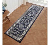 Navy Traditional Bordered Floral Easy To Clean Rug For Dining Room Bed Room And Living Room-66 X 230Cm (Runner)