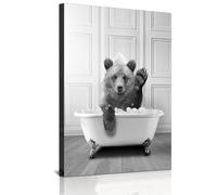 HMDKHI Animal Black White Wall Art Prints, Canvas Bathroom Picture Set Funny Elephant Zebra Penguins Giraffe Animal in the Bath Pictures Bathroom Decoration - Frameless (Bear, 40 x 60 cm x 1 Piece)