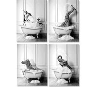 HMDKHI Bathroom Canvas Picture Set, Animal Black White Wall Art Prints, Funny Elephant Zebra Penguin Giraffe Animal in the Bathtub Pictures - Frameless (20 x 30 cm x 4 pieces)