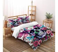 HMELTDIM Floral Skull And Dragonflies Bedding Set 3D Design Floral Skull Duvet Cover Set Chic Breathable Comforter Cover Suitable for Family,couple,children Pillowcase King（220x240cm）