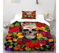 HMELTDIM Floral Sugar Skull Bedding Set 3D Design Vibrant Skull Duvet Cover Set Chic Breathable Comforter Cover Suitable for Family,couple,children Pillowcase Single（135x200cm）