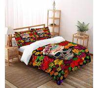 HMELTDIM Floral Sugar Skull Bedding Set 3D Digital Printing Vibrant Skull Duvet Cover Set Microfiber Quilt Cover Universal for All Seasons with Pillow Super King（260x220cm）