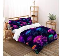HMELTDIM Jellyfish Bedding Set 3D Design Neon Jellyfish Duvet Cover Set Chic Breathable Comforter Cover Suitable for Family,couple,children Pillowcase Super King（260x220cm）