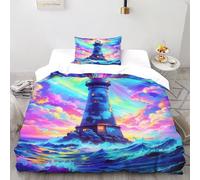 HMELTDIM Lighthouse Radiance Bedding Set 3D Digital Printing Marine Animals Duvet Cover 2 Pieces Set Chic Breathable Quilt Cover Universal for All Seasons with Pillow Single（135x200cm）