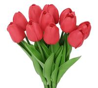HMETOL Artificial Tulip Fake Flowers Decor, 12pcs Flower Arrangement Bouquets, and Home Kitchen Wedding Bouquet Decorations Office Floral Red 32cm