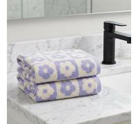 HMETOL Checkered Floral Cotton Absorbent Hand Towels for Bathroom | Soft cotton set. Use in kitchen, gym, or spa. Absorbent and quick-drying. Charming prints add joy. Purple Pack of 2