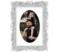 HMETOL Modern Plated Picture Frame with Crystal for Wedding, Shiny Photo Frames with Clear Glass Horizontally or Vertically on the Desk Decor Silver Oval Shape 4x6