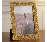HMETOL Small Resin Vintage Flower Picture Frame for Tabletop Display | Wall or tabletop. HD clarity. Easy-open back. Embossed rustic texture. Dual-way display Gold 4" x 6"