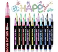 Hmeuest Glitter Pens, 18 Colours Outline Marker Pens, Metallic Glitter Pens with Double Line for Gift, Art Supplies, Scrapbook, Christmas Gifts