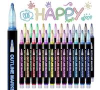 Hmeuest Glitter Pens, 24 Colours Outline Marker Pens, Metallic Glitter Markers with Double Line for Gift, Art Supplies, Scrapbook, Christmas Gifts