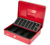 HMF Lockable Cash Box with Euro Coin Counter Board, 4 Banknote Compartments, 30.5 x 24 x 9 cm, Red