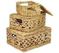 HMF Set of 3 Storage Basket with Lids, Woven Baskets of Water Hyacinth | Small, Medium, Large