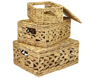 HMF Set of 3 Storage Basket with Lids, Woven Baskets of Water Hyacinth | Small, Medium, Large