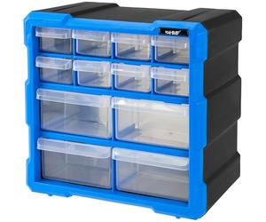 HMF Sorting Box for Small Parts with 12 Drawers, Assortment Box for Screws and Tools, 24 Compartments, 26.5 x 26.5 x 16 cm, Blue/Black