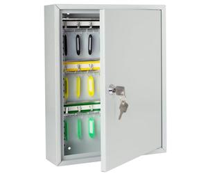 HMF Steel key cabinet, lockable key box for office, administration or fleet management | 42 key hooks | 35 x 27 x 8 cm | light grey