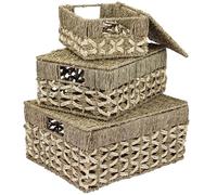 HMF Storage Basket with Lid, Set of 3, Seagrass and Palm Leaves Woven Baskets | Small, Medium, Large