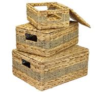 HMF Storage Basket with Lid, Set of 3, Woven Water Hyacinth and Seagrass Baskets | Small, Medium, Large