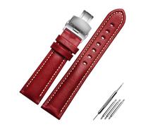 HMFANG Black Red Green Genuine Leather Bracelet Color Watch Strap Butterfly Clasp Watchband Sized In 18mm 20mm 21mm22mm Watch Band(Red silver buckle,20mm)