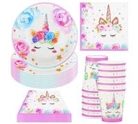 Hmfmdy Unicorn Party Tableware Set, 40 Pieces Unicorn Party Decoration, Unicorn Birthday Tableware Kit, with Paper Plates, Cups Napkins, Unicorn Children's Birthday Party Tableware Supplies for 10