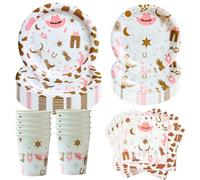 Hmfmdy Western Cowgirl Party Tableware Set, 50 Pieces Cowboy Rodeo Party Decoration, First Rodeo Birthday Tableware Kit, with Paper Plates, Cups Napkins, Birthday Party Tableware Supplies