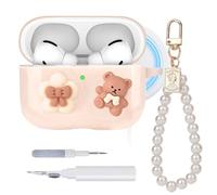 HMGES Cute Case for Airpods Pro 3,with Pearl Keychain & Cleaning Kit,Compatible with MagSafe,Bow Bear Soft TPU Cover for 2025 Airpods Pro 3rd Generation,Shockproof & Girly-Beige Bear
