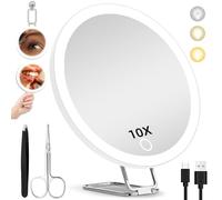 Hmggoofa 10X Magnifying Mirror with Lights, 6inch Makeup Magnified Mirror 10X LED Lighted Travel Magnification with 3 Suction Cups and 360° Adjustable Stand - Includes Tweezers & Scissors Set