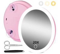 Hmggoofa 20X Magnifying Mirror with Lights, 6inch Makeup Magnification with Suction Cups, Magnified Mirror with 3 Color Adjustable Brightness, 20X Travel Magnification and Tweezers&Scissors