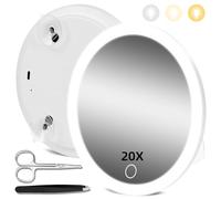 Hmggoofa 20X Magnifying Mirror with Lights, 6inch Makeup Magnification with Suction Cups, Magnified Mirror with 3 Color Adjustable Brightness, Travel 20X High Magnification and Tweezers & Scissors