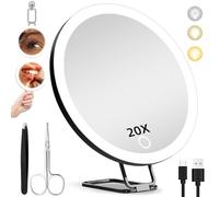 Hmggoofa 20X Magnifying Mirror with Lights, 6inch Makeup Magnified Mirror 20X High Lighted Travel Magnification with 3 Suction Cups and 360° Adjustable Stand- Includes Tweezers & Scissors Set