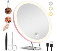 Hmggoofa 30X Magnifying Mirror with Lights, 6inch Makeup Magnified Mirror Lighted 30X High Travel Magnification with 3 Suction Cups and 360° Adjustable Stand - Includes Tweezers & Scissors Set