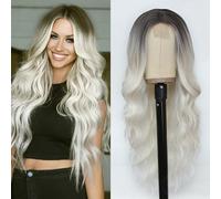 HMHIFI Long Platinum Blonde Wig for Women 26 Inch Wavy Curly Middle Part Lace Wig Enhanced Protein Fiber Hair Replacement Wig Cosplay Costume Halloween 26 Inch Platinum Blonde