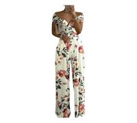 HMHOOXU Women's jumpsuitWomen's Clothing Printed Short Sleeve Tops High Waist Wide Leg Pants Jumpsuit-White background flowers-L